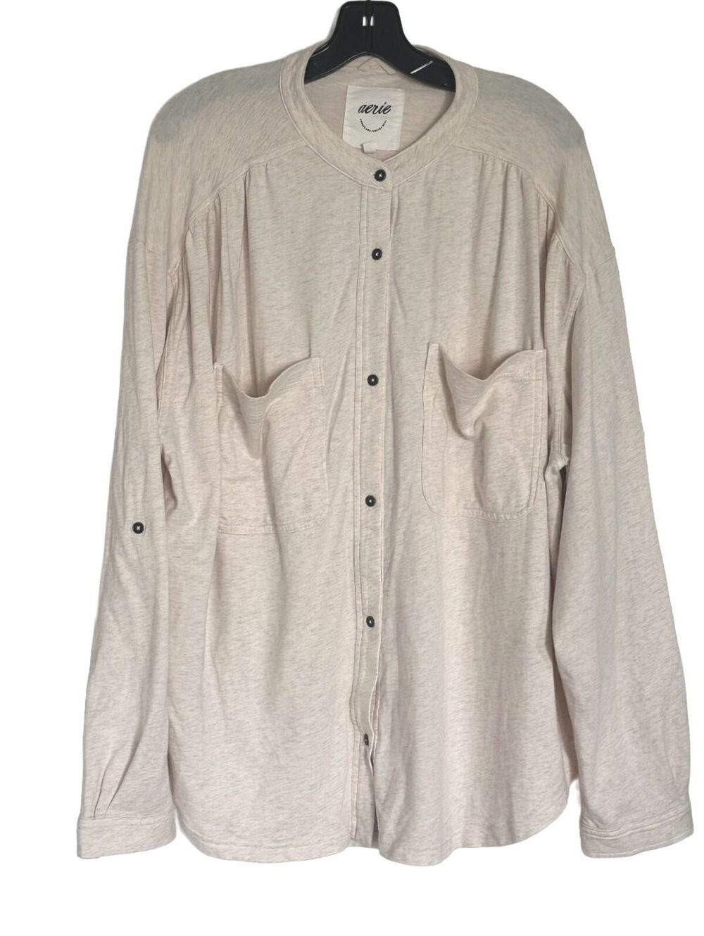 Aerie "Roll With It" Oversized Button Front Oatmeal Long Sleeve Fleece Shirt - L